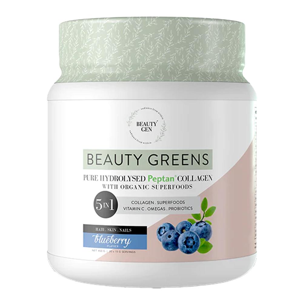 Beauty Gen - Beauty Greens 5 In 1 - Pure Hydrolysed Peptan Collagen with Organic Superfoods - Blueberry - 450 Grams