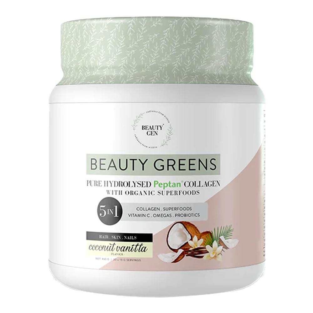 Beauty Gen - Beauty Greens 5 In 1 - Pure Hydrolysed Peptan Collagen with Organic Superfoods - Coconut Vanilla - 450 Grams